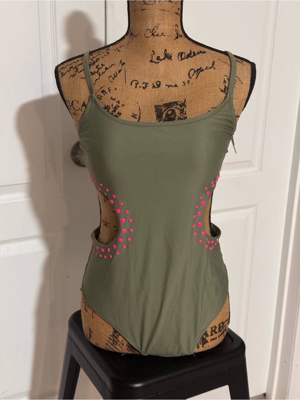 Aerie NWT! Olive Green Cutout One-Piece Swimsuit with Hot Pink Stud Accents